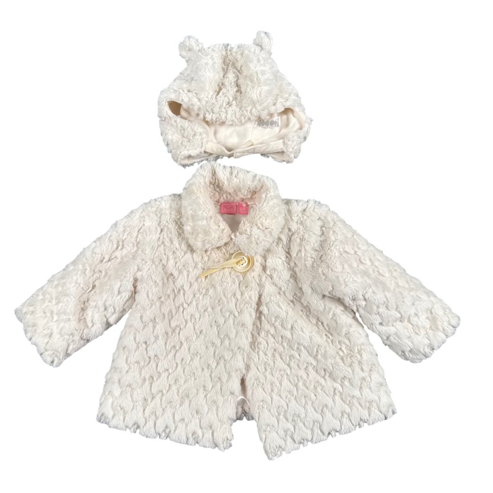 The Childrens Place Baby Girls Cream Faux Fur Coat and Hat Set 9-12M Ivory 218